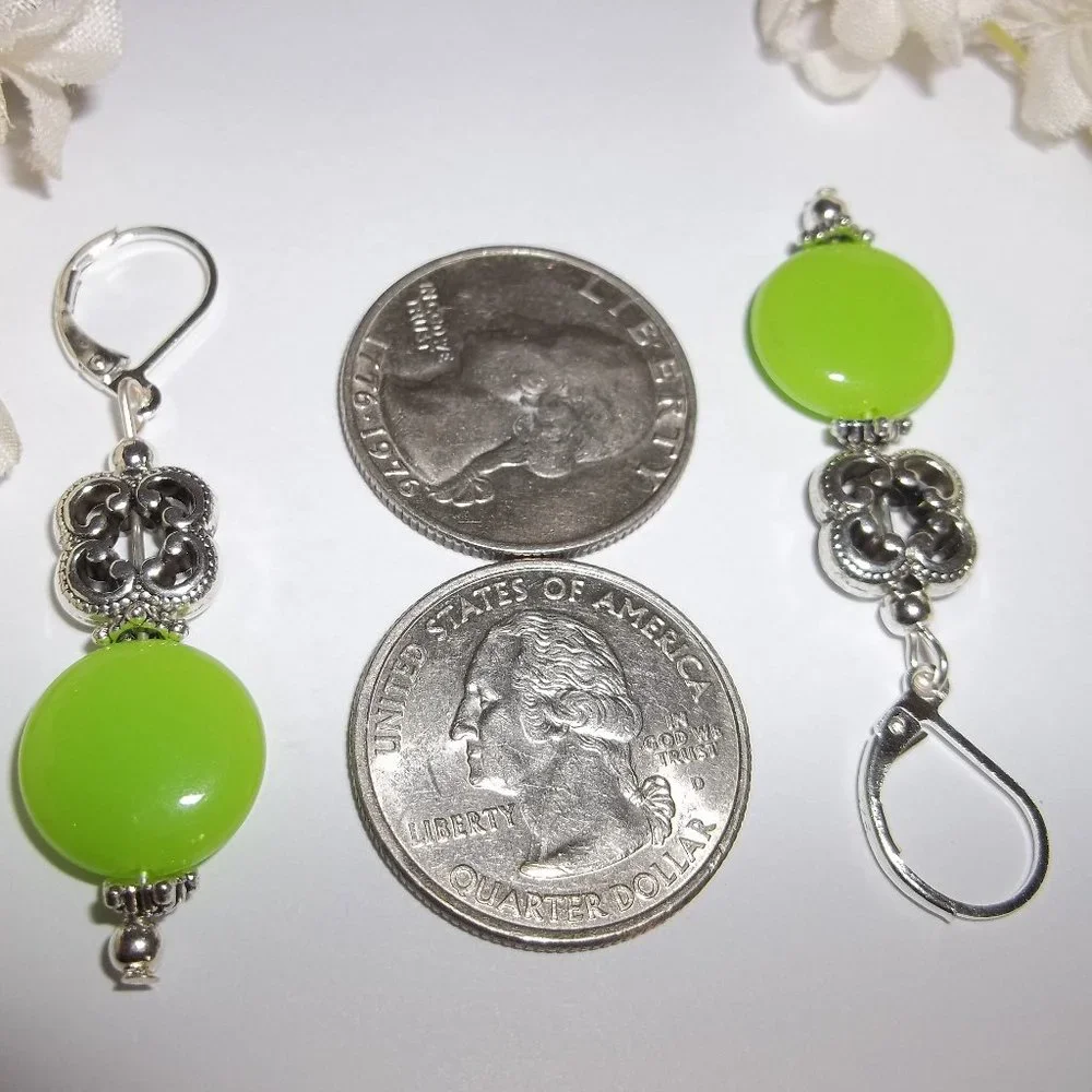Green Earrings, Lime Green Earrings, Green Beaded Earrings, Dangle Earring, 7512 - Picture 3 of 6